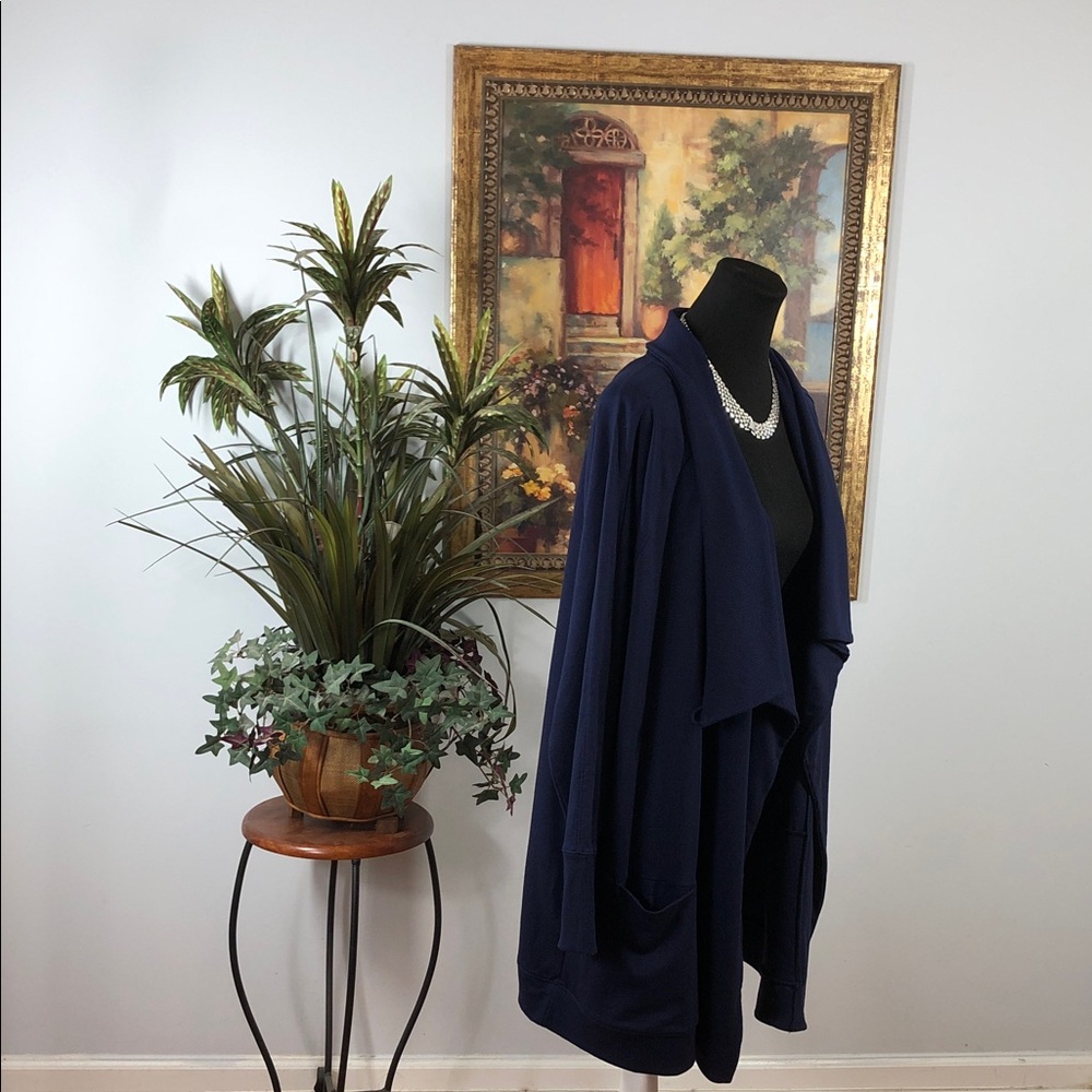 Chico’s Synergy Navy Women's Wrap Cadigan Blue Long Sleeve One Button Lagenlook - Picture 2 of 16